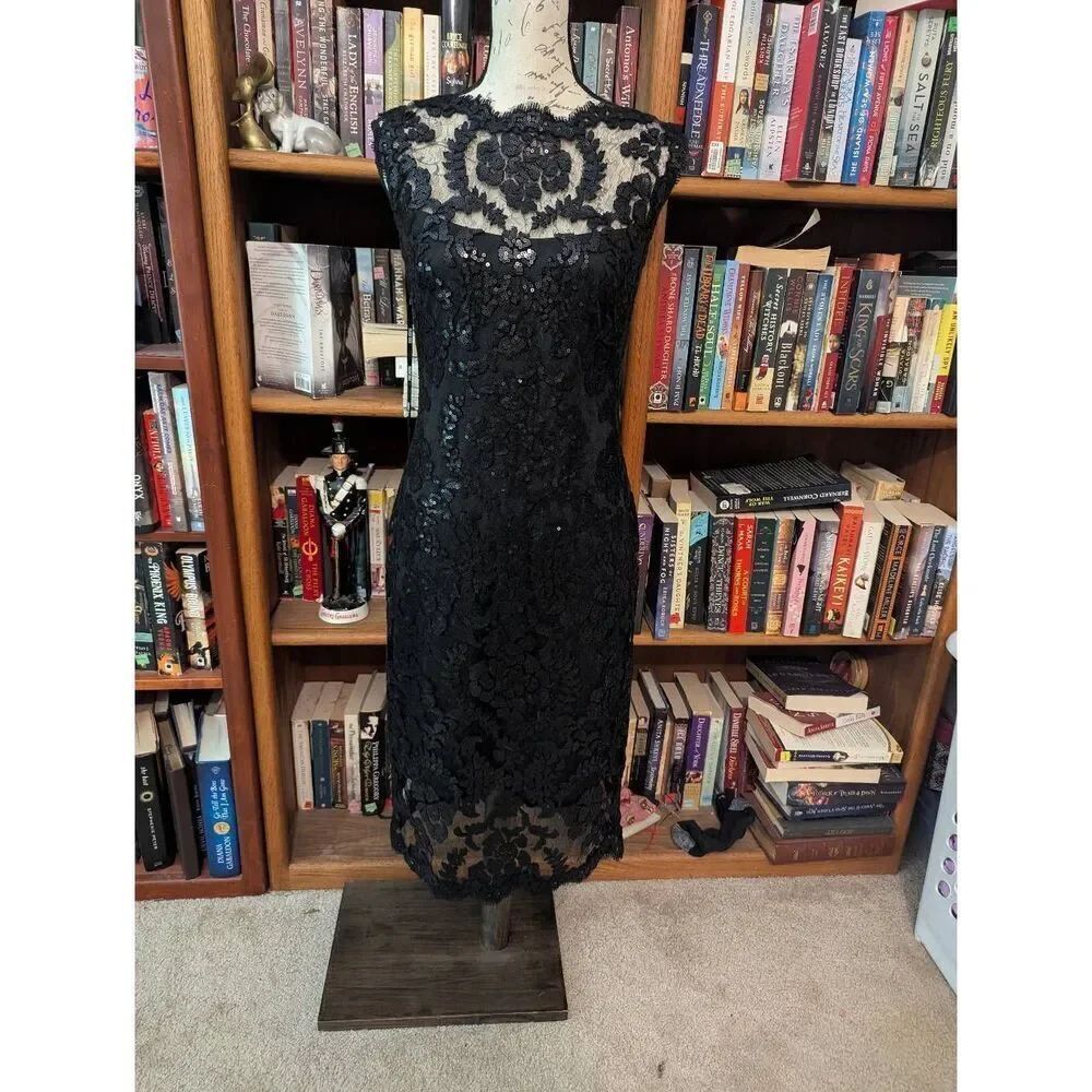 Brand New Tadashi Shoji Women's Size 10 Black Sequin Embellished Midi Dress NYE